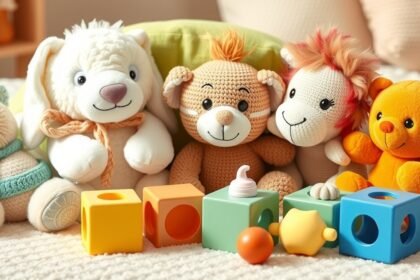 Színes és aranyos játékok babáknak, plüssállatok és építőelemek.