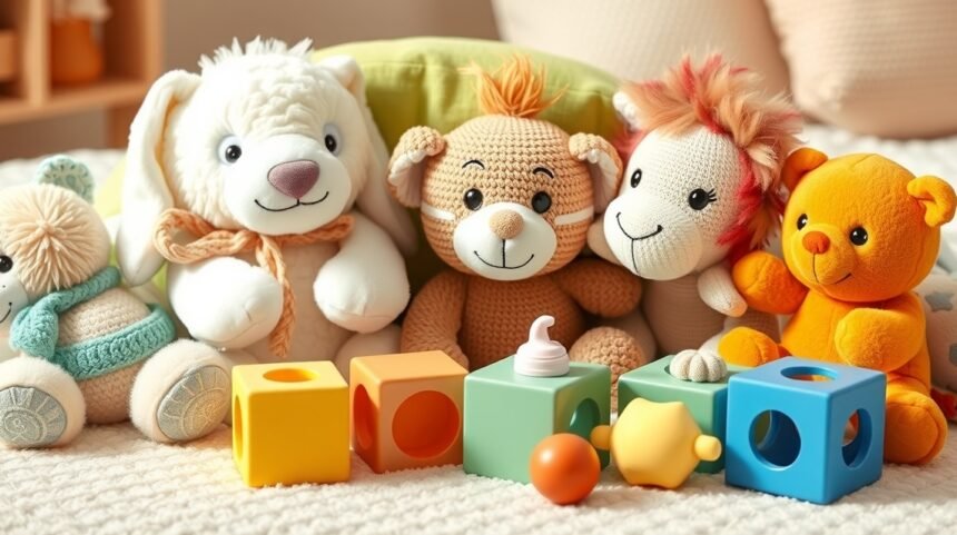 Színes és aranyos játékok babáknak, plüssállatok és építőelemek.