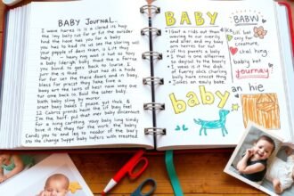 Babanapló belső oldala gyerekrajzokkal és fotókkal