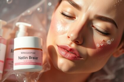 Női arc hidratálóval és bőrápoló termékekkel, fényes bőr.