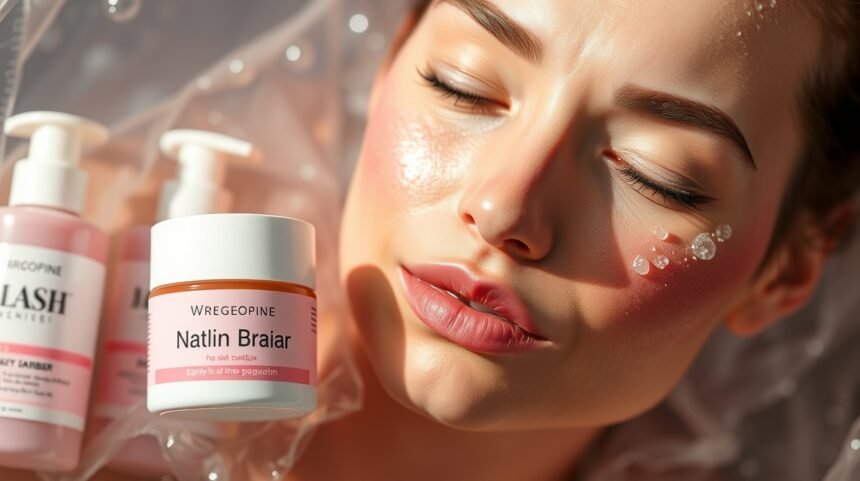 Női arc hidratálóval és bőrápoló termékekkel, fényes bőr.