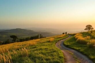 Naplemente egy dombos vidéken, zöld fűvel és ösvénnyel.