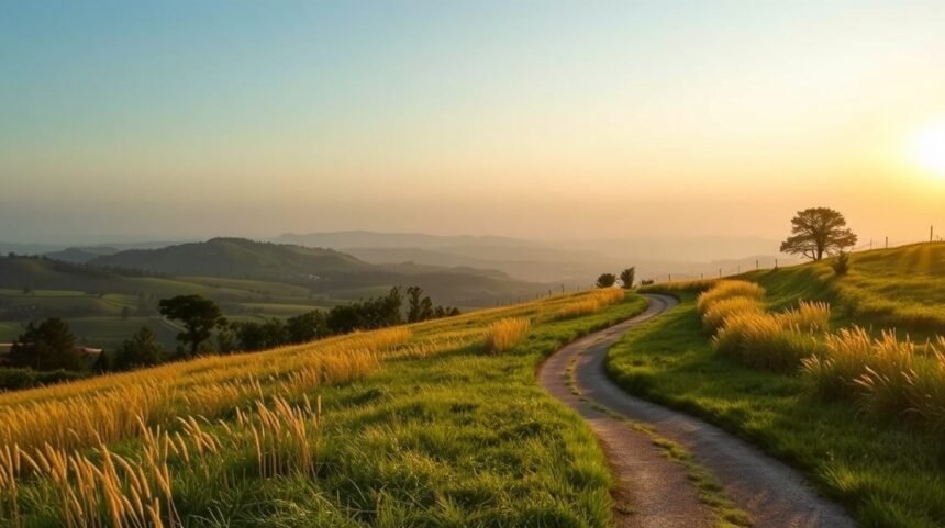 Naplemente egy dombos vidéken, zöld fűvel és ösvénnyel.