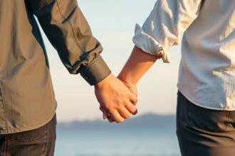 Pár kézen fogva áll a naplementében, újraépítve bizalmukat.