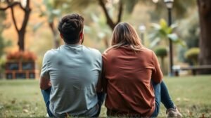 Pár távkapcsolat végéről beszélget a parkban.