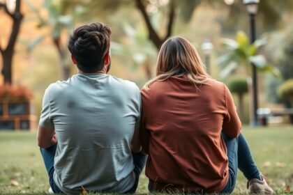 Pár távkapcsolat végéről beszélget a parkban.