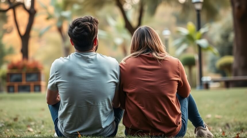 Pár távkapcsolat végéről beszélget a parkban.