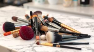 Különböző sminkecsetek színes kollekciója egy márvány asztalon.