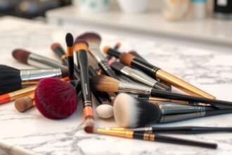 Különböző sminkecsetek színes kollekciója egy márvány asztalon.