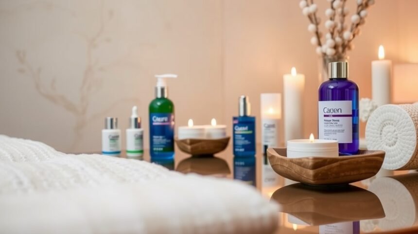 Rozáceás bőr ápolásához szükséges termékek egy elegáns környezetben.