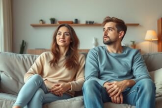 Pár ül egy kanapén, kifejezésük a szexuális vágy csökkenésére utal.
