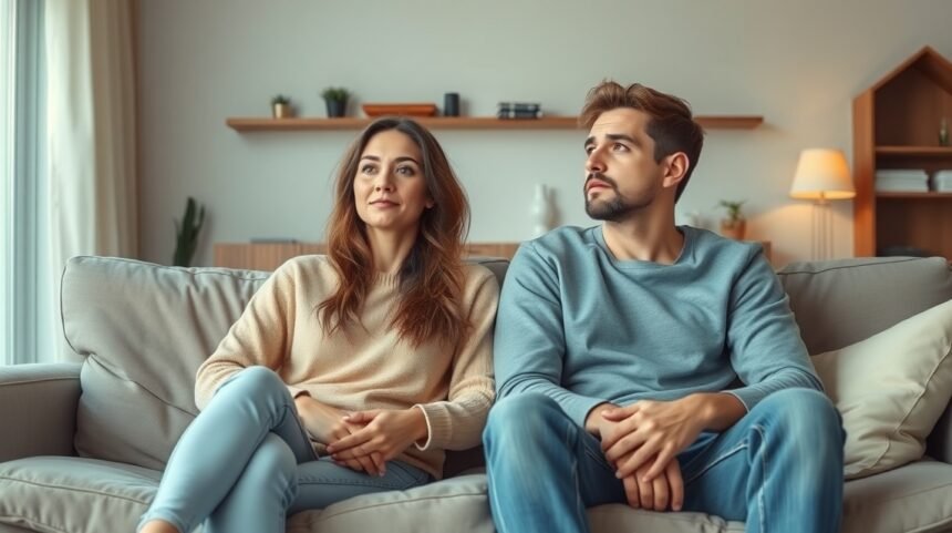 Pár ül egy kanapén, kifejezésük a szexuális vágy csökkenésére utal.