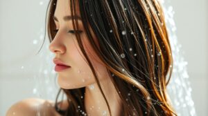 womensway 115 Egy nő hajmosás közben, vízcseppek a haján, egészséges haj