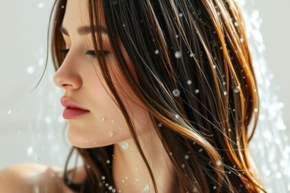 Egy nő hajmosás közben, vízcseppek a haján, egészséges haj