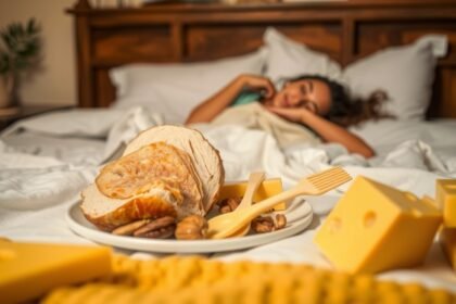 Tál egészséges ételekkel, mint kenyér és sajt, alvás közben