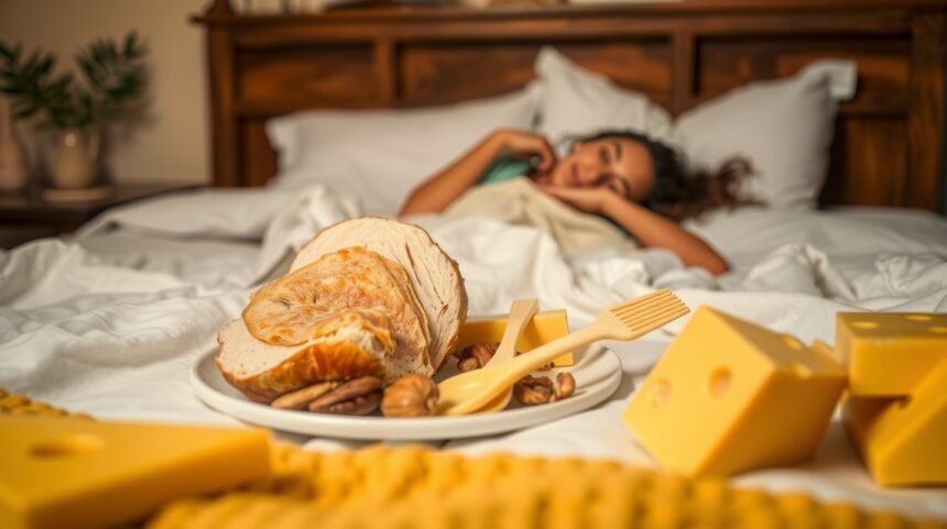 Tál egészséges ételekkel, mint kenyér és sajt, alvás közben