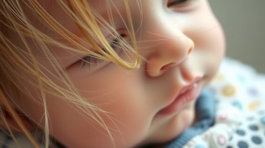 Csecsemő arca finom, világos hajjal, alvó pózban.