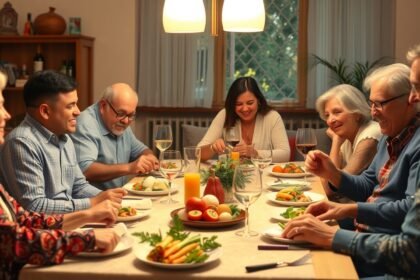 Családi étkezés hagyományos ételekkel, baráti beszélgetéssel.
