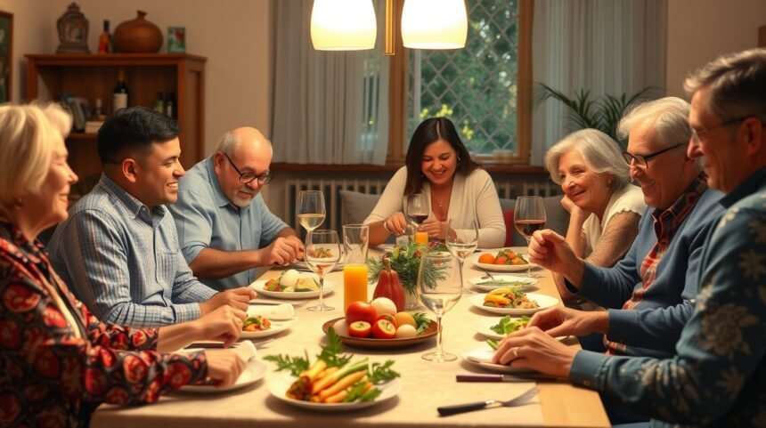 Családi étkezés hagyományos ételekkel, baráti beszélgetéssel.