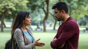 Két ember, aki beszélget egy parkban, érzelmi feszültség a levegőben.