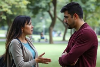 Két ember, aki beszélget egy parkban, érzelmi feszültség a levegőben.