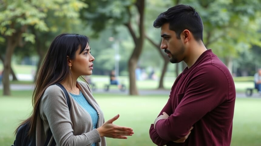 Két ember, aki beszélget egy parkban, érzelmi feszültség a levegőben.