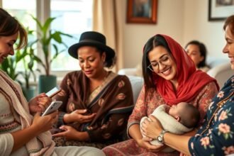 Négy nő beszélget egy babával, szülésélmények megosztása mellett.