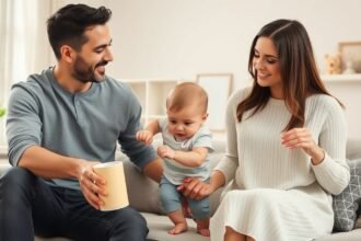 Kisbabás család élvezi a közös időt otthon