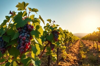 Érett borszőlő fürtök kánikulai napsütésben egy szőlőültetvényen.