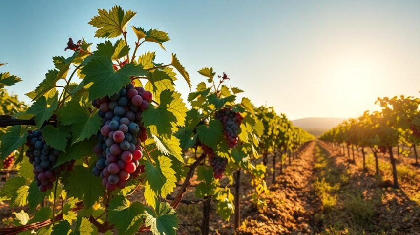 Érett borszőlő fürtök kánikulai napsütésben egy szőlőültetvényen.