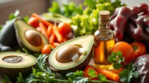 Friss avokádó és avokádóolaj zöldségekkel és gyümölcsökkel.