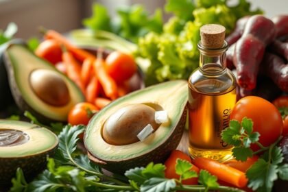 Friss avokádó és avokádóolaj zöldségekkel és gyümölcsökkel.