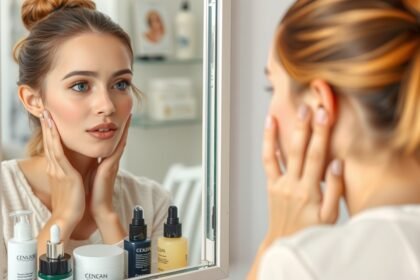 Nő bőrápolási rutint végez egy tükör előtt
