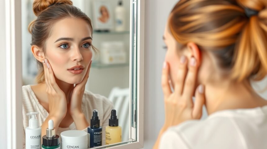 Nő bőrápolási rutint végez egy tükör előtt