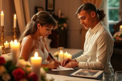 Fiatal pár házassági fogadalmat ír gyertyafényben.