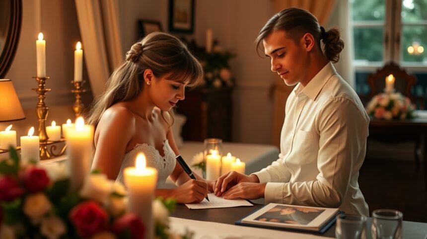 Fiatal pár házassági fogadalmat ír gyertyafényben.