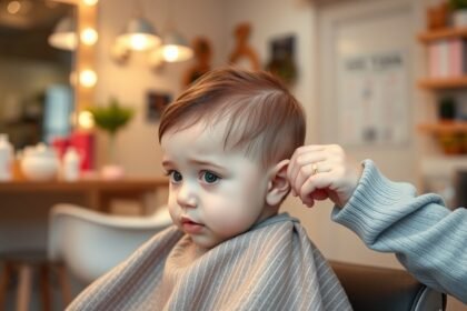 Baba első hajvágása egy fodrászszalonban, felkészülés a hajvágásra.