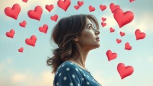 Nő romantikus érzésekkel, piros szív ikonokkal az égen.