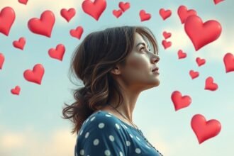 Nő romantikus érzésekkel, piros szív ikonokkal az égen.