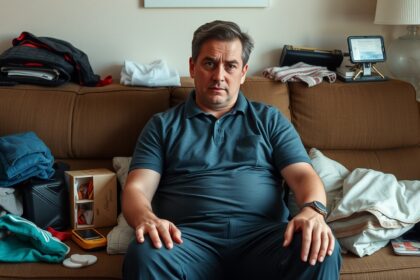 Férfi kényelem miatt otthon ül, rendezetlen környezetben.