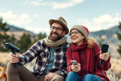 Két barát szórakozik a természetben, közösen játszanak.