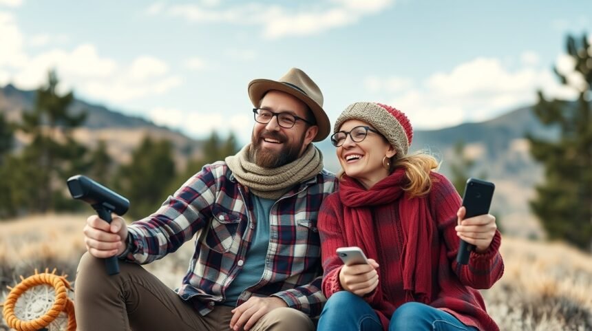 Két barát szórakozik a természetben, közösen játszanak.