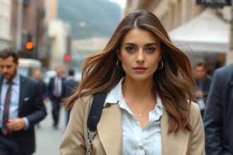 Egy nő ikonikusan öltözködik a városban, miközben mások is az utcán járnak.