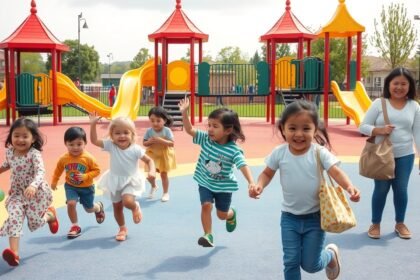 Gyerekek játszanak a játszótéren, mindenki mosolyog és boldogan fut.