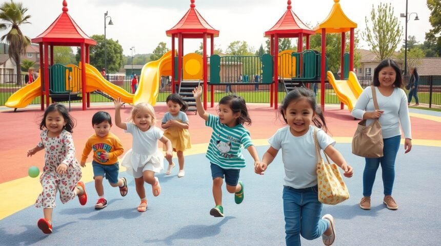 Gyerekek játszanak a játszótéren, mindenki mosolyog és boldogan fut.