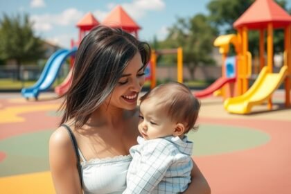 Egy boldog anya, aki egy csecsemőt tart a játszótéren, színes játszóeszközökkel.