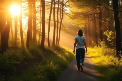 Nő sétál a napfényben egy erdei úton, a természetben gyógyulás közben