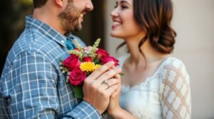 Férfi virágcsokorral a kapcsolat elköteleződéséről.