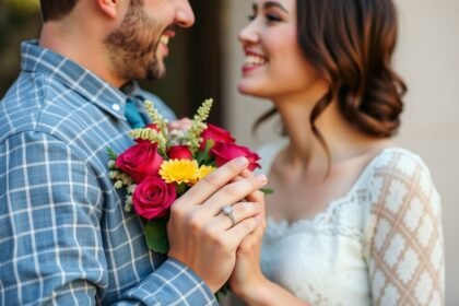 Férfi virágcsokorral a kapcsolat elköteleződéséről.