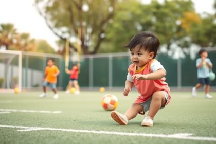 Kisbaba játszik a sportpályán, mozgásprogram során